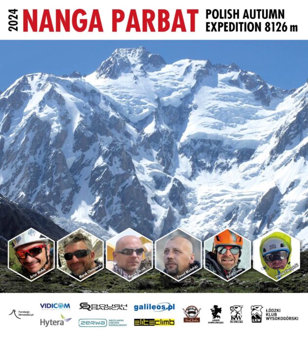 Photo of nanga Parbat with small portraits of members and sponsors logos.