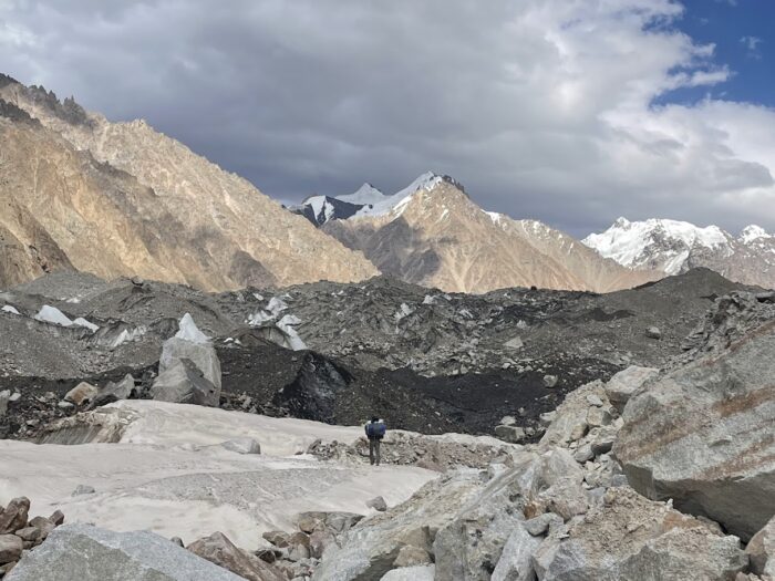 A climber on broken glacial terrain