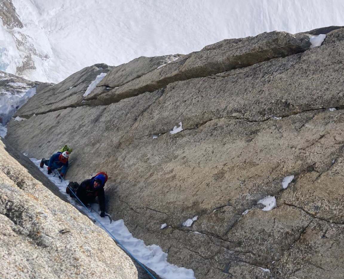 Climbers in a dihedral on Mount Hunter Alaska