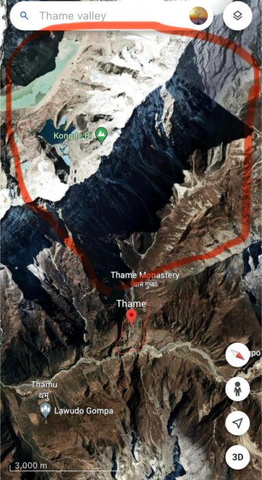 google map of a part of the Khumbu, noting Kongde Ri and Thame village