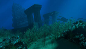 an illustration of ruins underwater