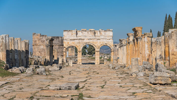 The ruins of the main street and gate at Hierapolis