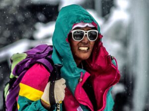 Close shot of Pasang Lhamu in 1990's mountain gear.