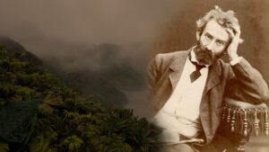 a composite image of a bearded man in 19th century dress and a jungle