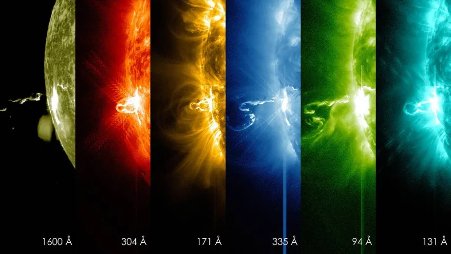 Five images of the same solar flare across different wavelengths.