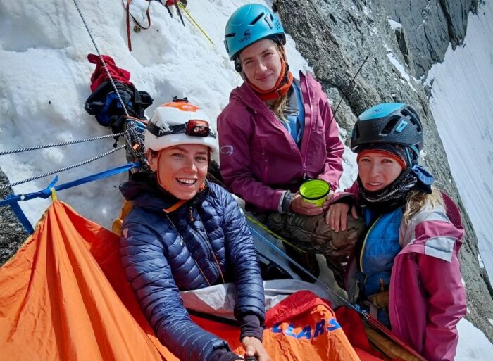 Olga Lukashenko, Anastasia Kozlova, and Daria Seryupova on a portaledge on the face of Mount Argo.