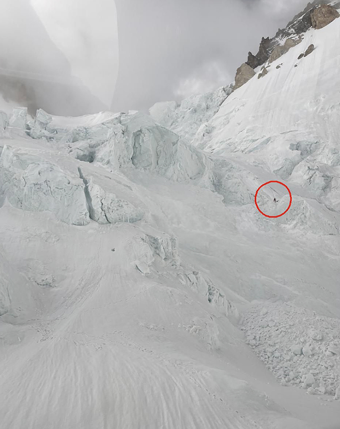 icefall with small figure circled in red