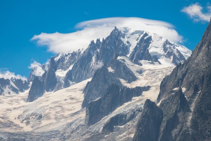 Mont Blanc du Tacul with several points and a cloud on the top