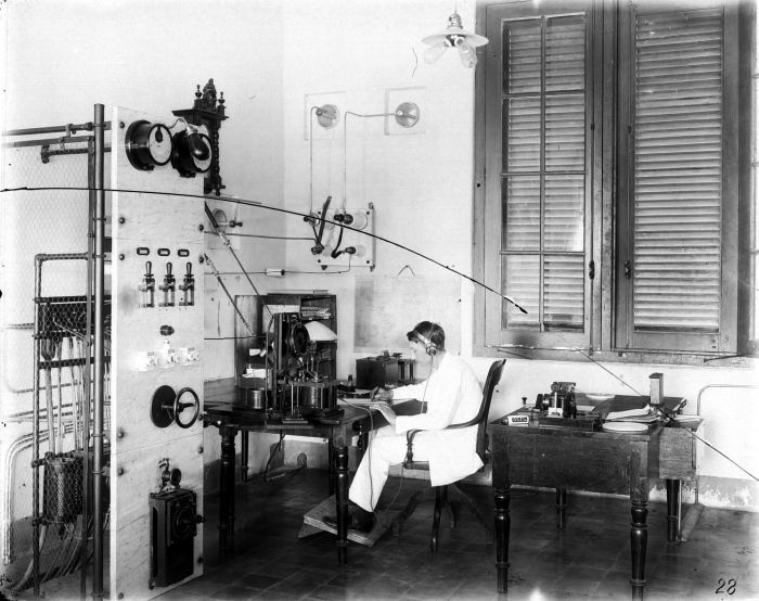 A man sits at a desk in a room filled with telegraph equipment.