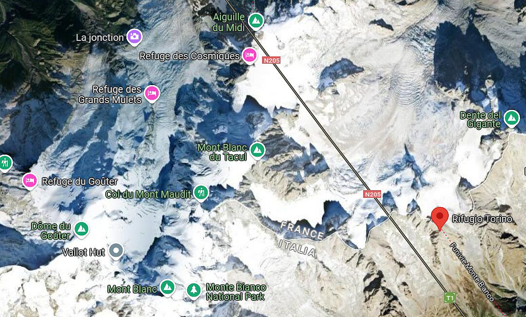 Mont Blanc area 4,000'ers on a Google Maps screenshot