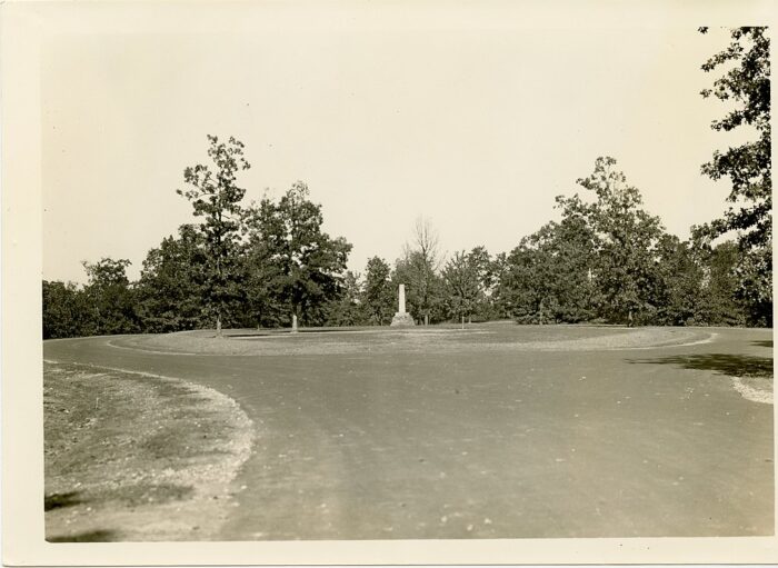 a black and white wide view of the meriwether Lewis monument