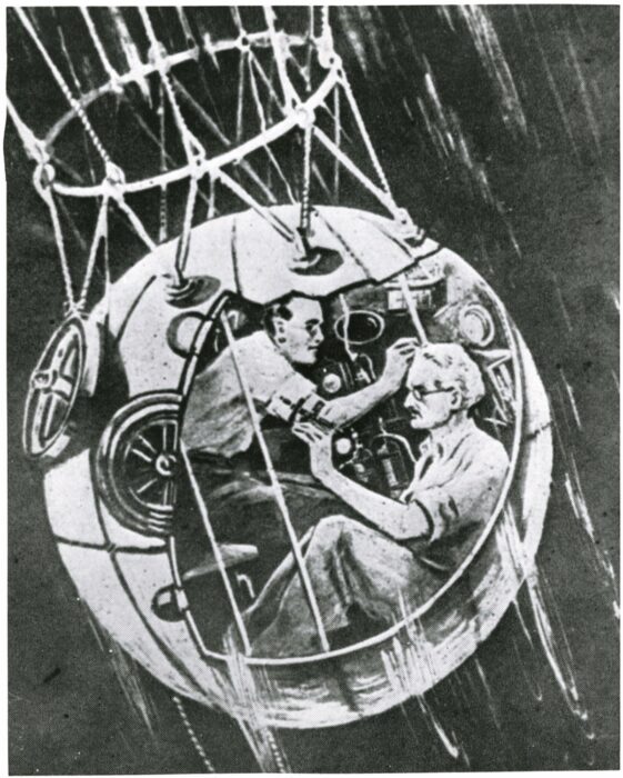 an illustration of two men inside a small sphere connected to a balloon