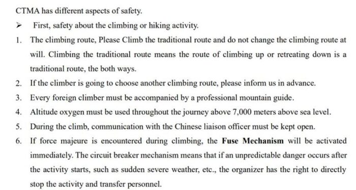 Document with safety regulations by te CTMA for Tibet peaks