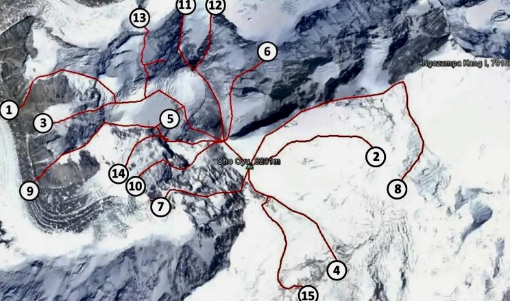 Climbing routes on Cho Oyu.