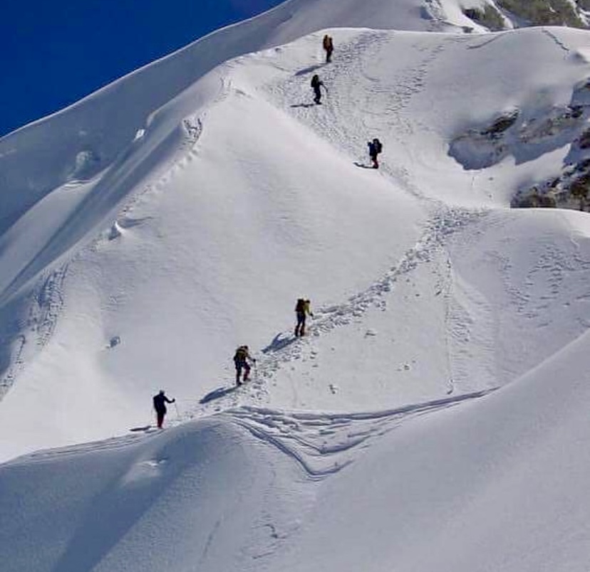 Climbing from Camp 1 to Camp 2 on the Tibetan side of Cho Oyu.