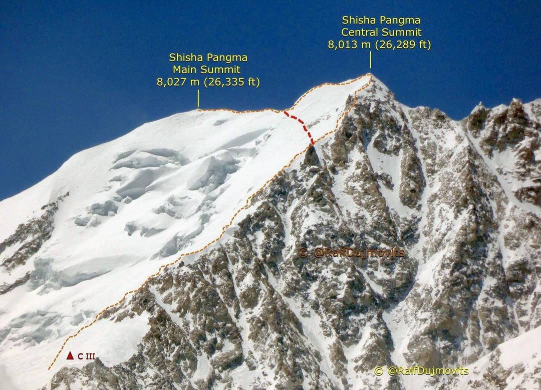 Shisha Pangma with two normal routes marked.