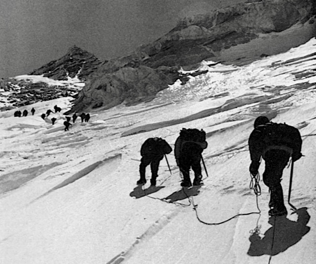 Members of the 1964 Chinese expedition on the way to their Camp 5 at 7,500m. 