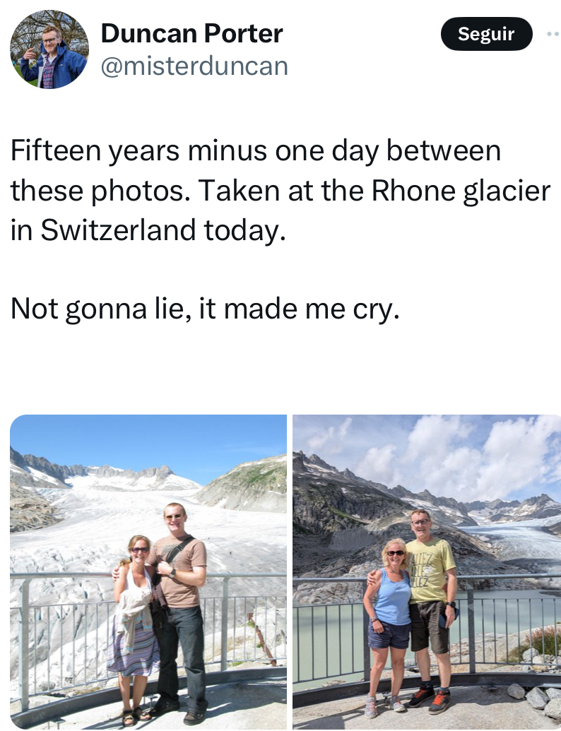 Foto prima e dopo di una coppia su un ghiacciaio alpino a 15 anni di distanza