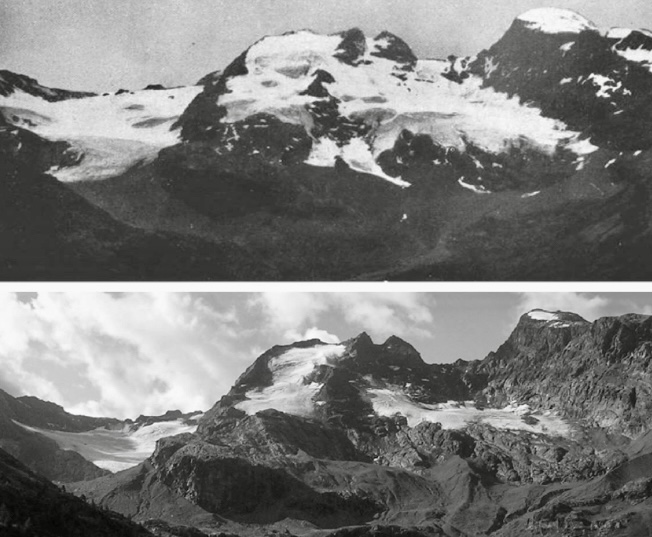 Dosde Glacier in the Italian Alps. Upper image: The Dosde glaciers in 1932. Lower image: The Dosde glaciers in 2007. 