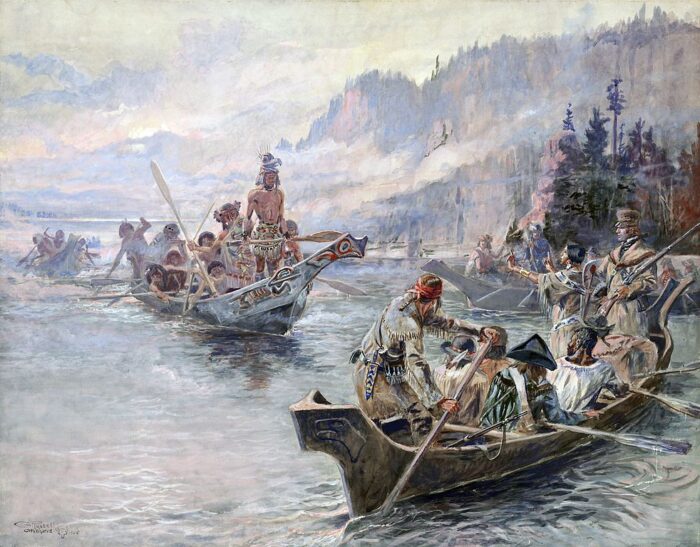 A 1905 painting by Charles Marion Russell showing the Corps of Discovery on its journey west. 