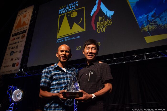 Kazuya Hiraide (left) and Kenro Nakajima at one of their several Piolet d'Or ceremonies.