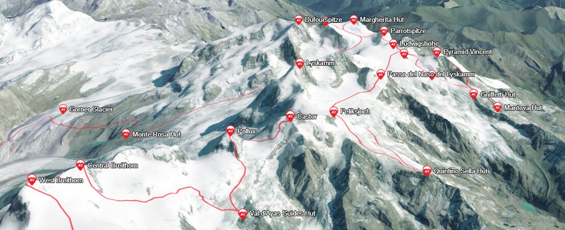 3D map of Monterosa with a route across the peaks marked in red