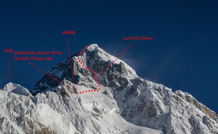 The upper part of Cho Oyu as seen from its south side, with a route marked