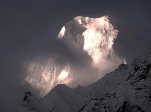 Yashkuk Sar peak in Pakistan, shrouded by cloud.