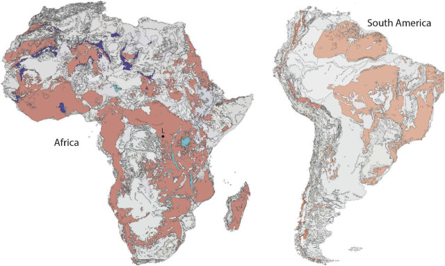 A map of Africa and South America, where there are some scattered purple regions in the Sahara.