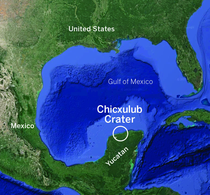 A map showing the location of the Chicxulub impact crater, right off the coast of the Yucatan peninsula.