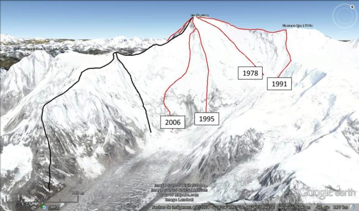 Routes marked on a 3d map of Cho Oyu