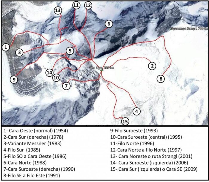 Routs on Cho Oyu marked in red on a 3D map