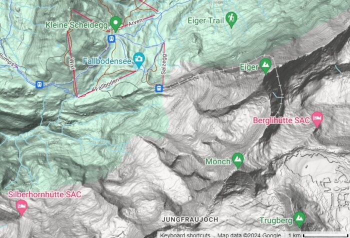 Eiger-Jungfrau area on Google maps