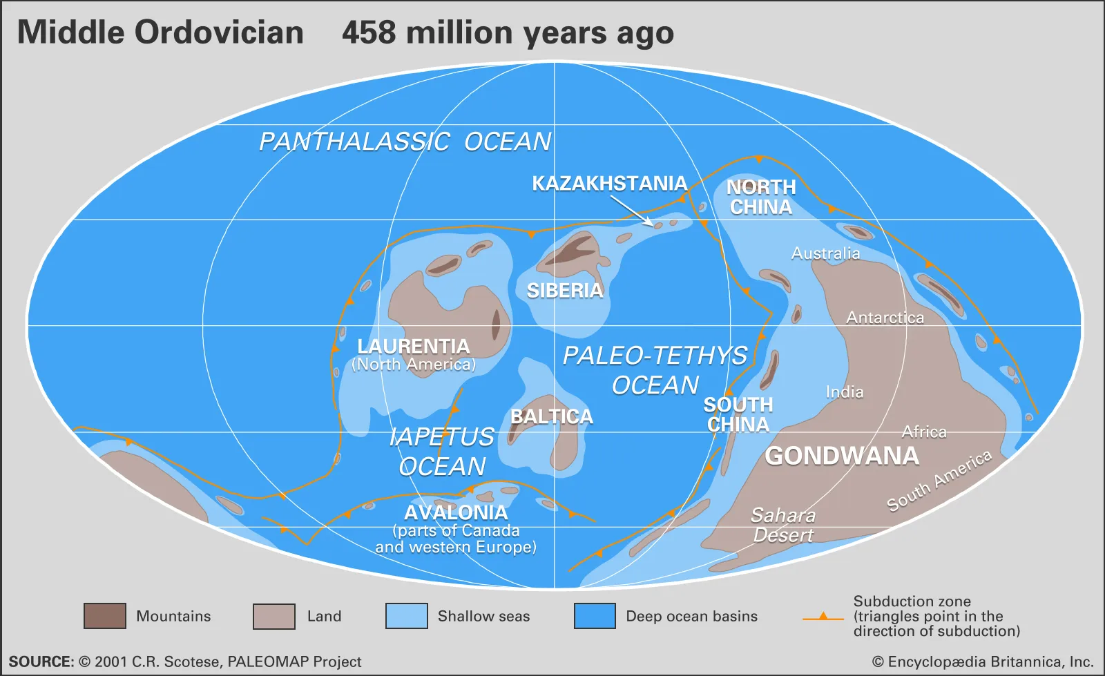 A map of the Ordovician period, where Africa and Asian are sandwhiched together in the southern hemisphere.