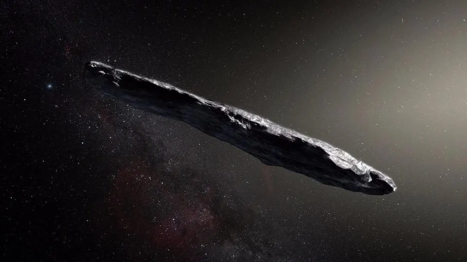 An artist's rendition of the interstellar object 'Oumuamua shows a long rock in space.