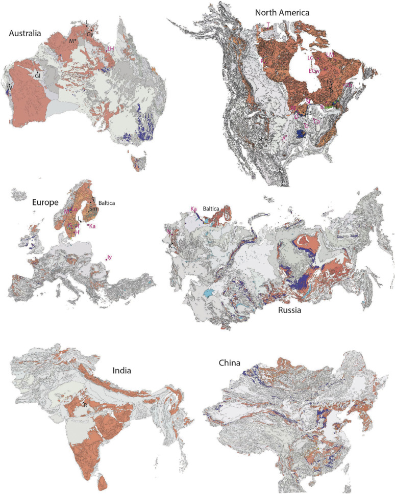 A map of different land masses where the regions of Ordovician rock are mostly in Russia, the Himalayas, and southwestern Australia.