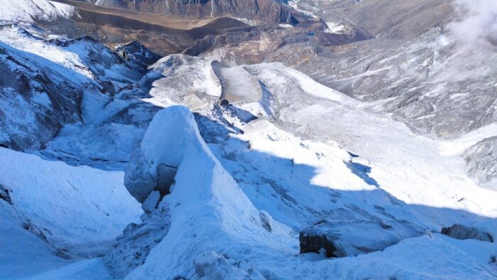 Mixed terrain towards the valley from the west face of Ama Dablam