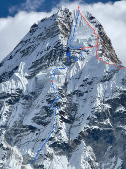 The West face of Ama Dablam with a double rute topo: blue for ascent and red for descent