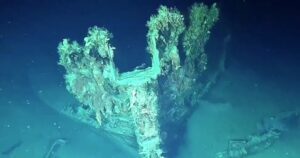 sunken treasure ship, covered in marine growth