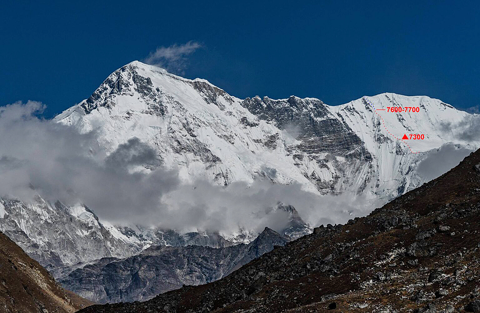 The line shows the team progress on the 1991 Russian route of the south side of Cho Oyu.