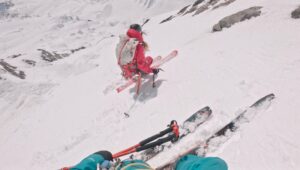 Guillaume Perriel skiing on steep terrain.