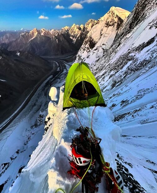 A bivy on a flattented corince on Yashkuk Sar, Pakistan