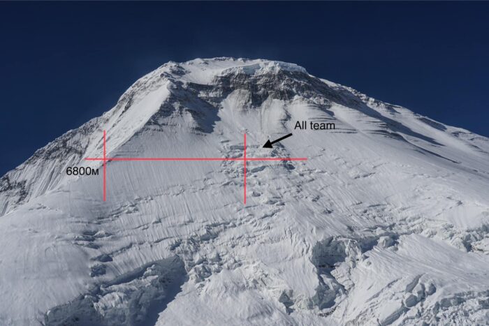 A photo of Dhaulagiri's summit dome with the steep snow slope that must be traversed by climbers marked.