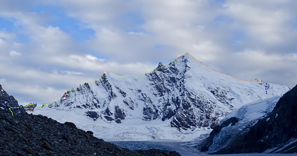 Lalung I, and the route of the first ascent, marked with yellow.