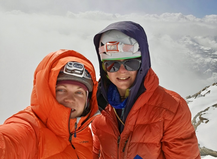 Anja Petek and Patricija Verdev on the summit of Lalung I, after ascending their 2,000m long route that they named 'Here Comes The Sun'. 