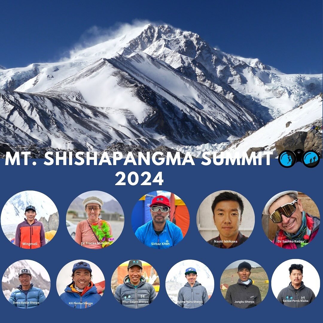 Collage with images of Shisha Pangma and summiters