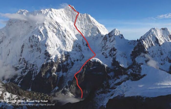 topo in red marking the route on a photo of the north face of Jannu