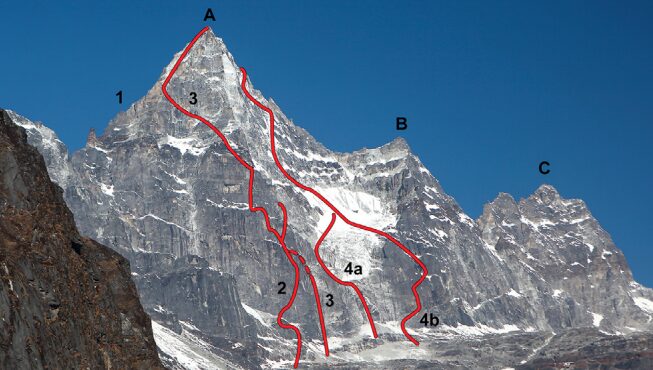 Kyajo Ri with routes marked in red. 