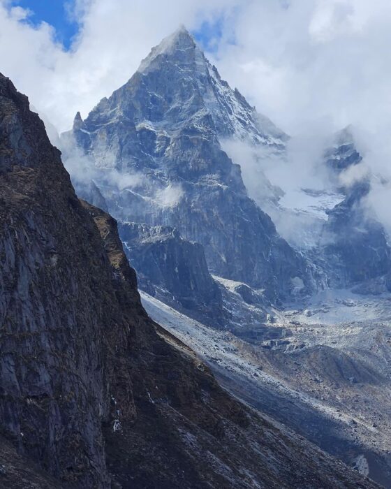 Kyajo Ri, rocky and steep, with some cloubs clinging to its flanks