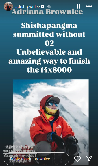 IG story announcing Adriana Brownlee's Shisha Pangma summit without O2